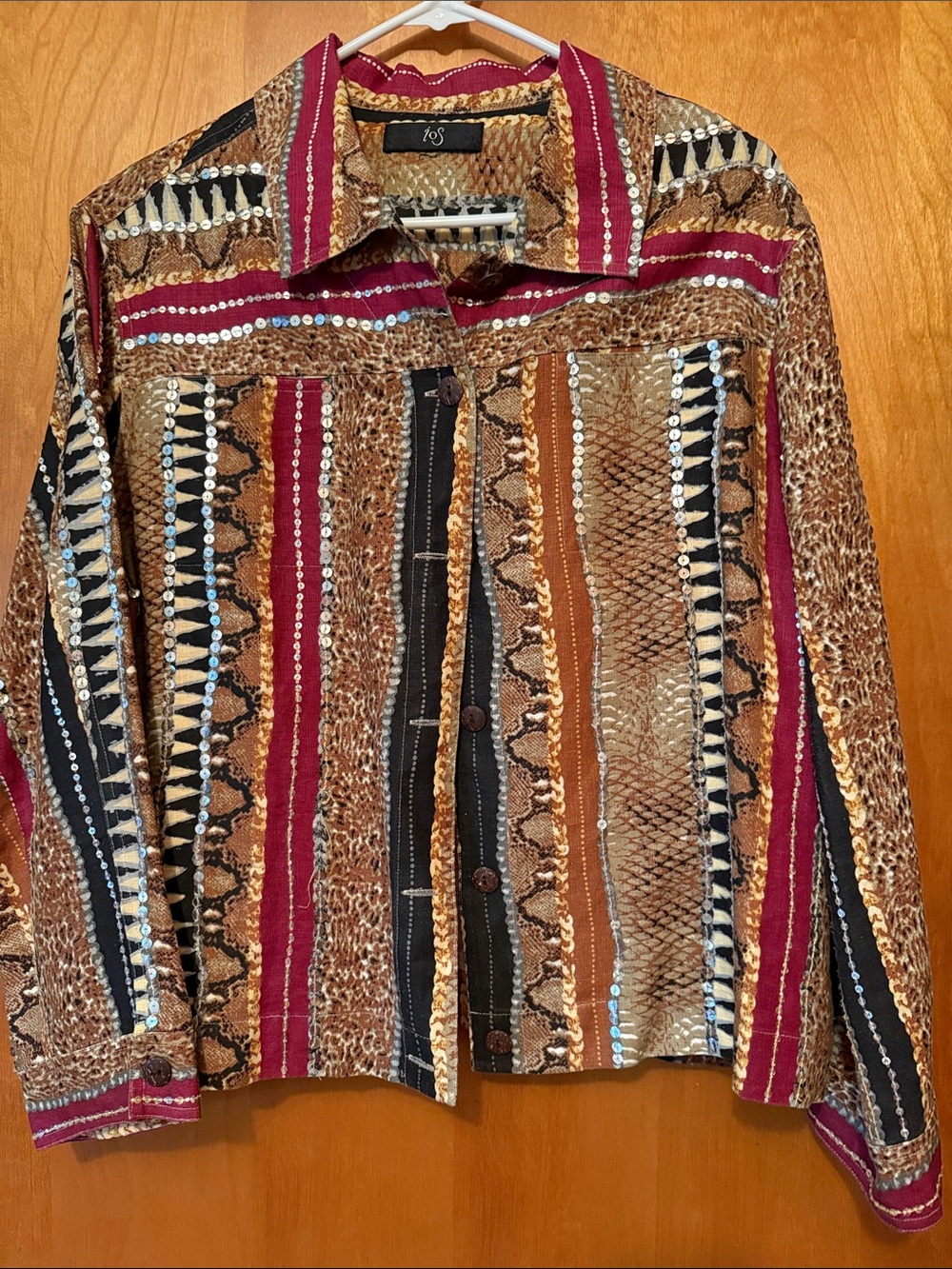 Stylish Mixed-Print Button-Front Women’s Top - Burgundy & Brown jacket.